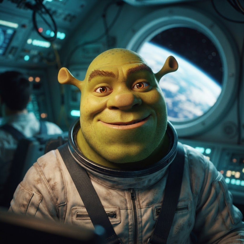 Commander Bob Allan Chatly, a warm green ogre astronaut, smiling in a flight suit