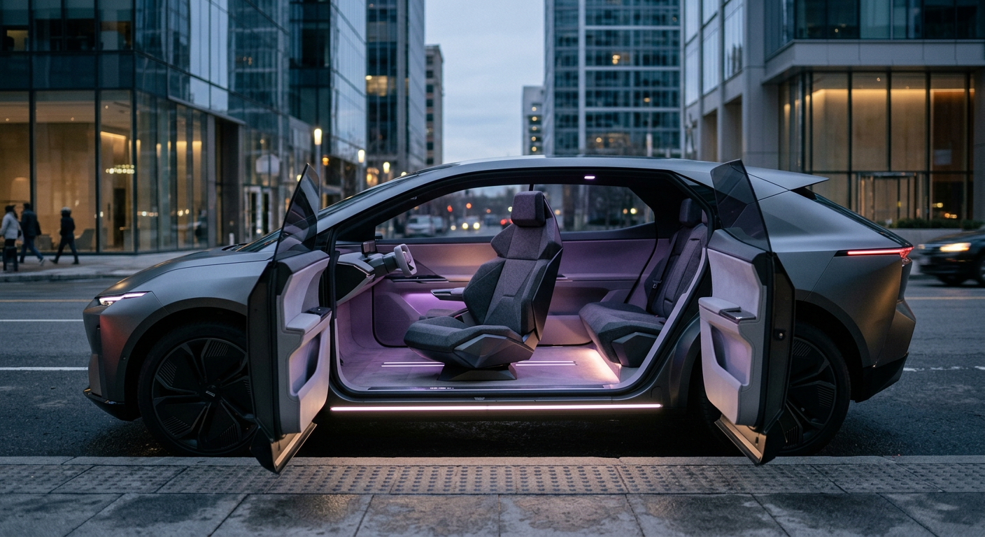 Concept vehicle at a city curb with both pillarless doors open and a faceted front seat swivelled out toward the kerb