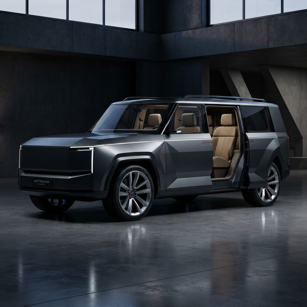Concept render of the Thistle electric luxury SUV with both pillarless sliding doors open, showing a postless side aperture