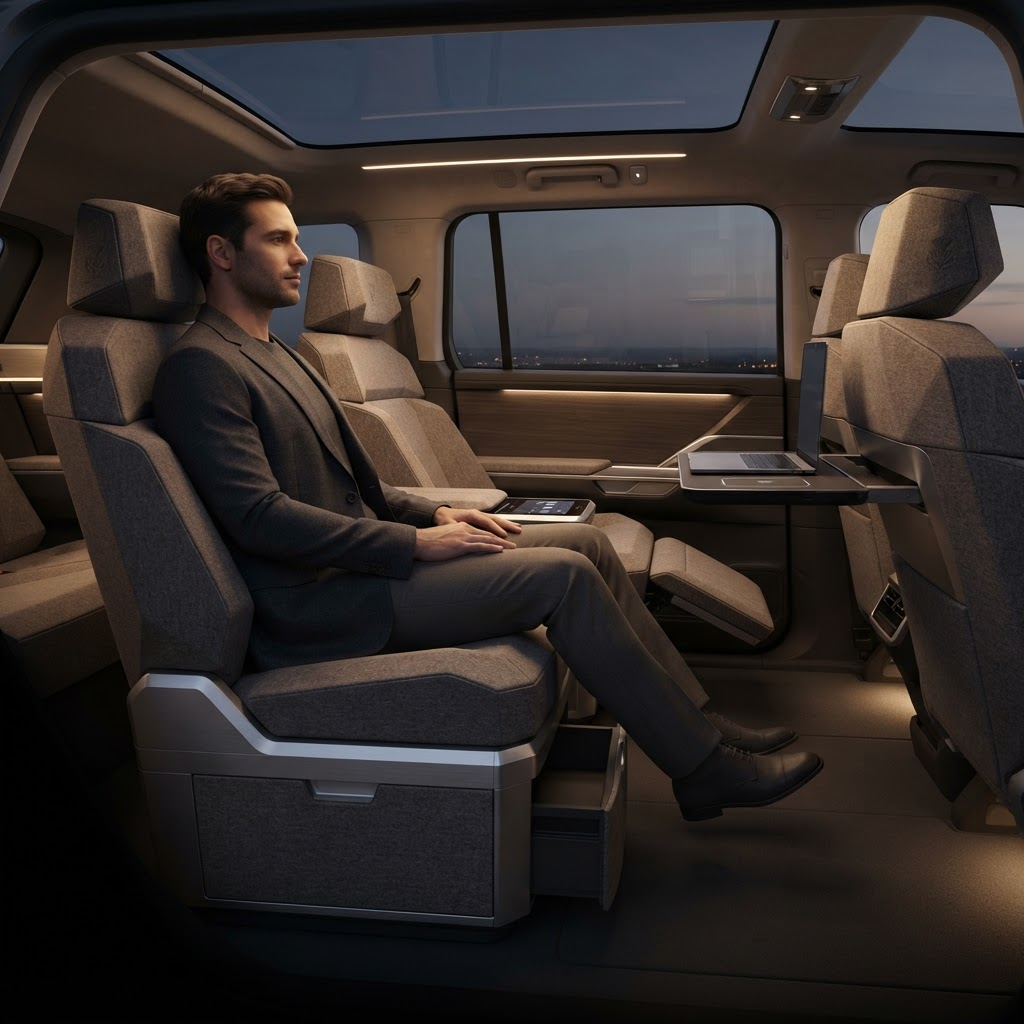 Interior concept: a reclined second-row captain's chair with a rising footrest and a pull-out laptop tray with a wireless charge pad
