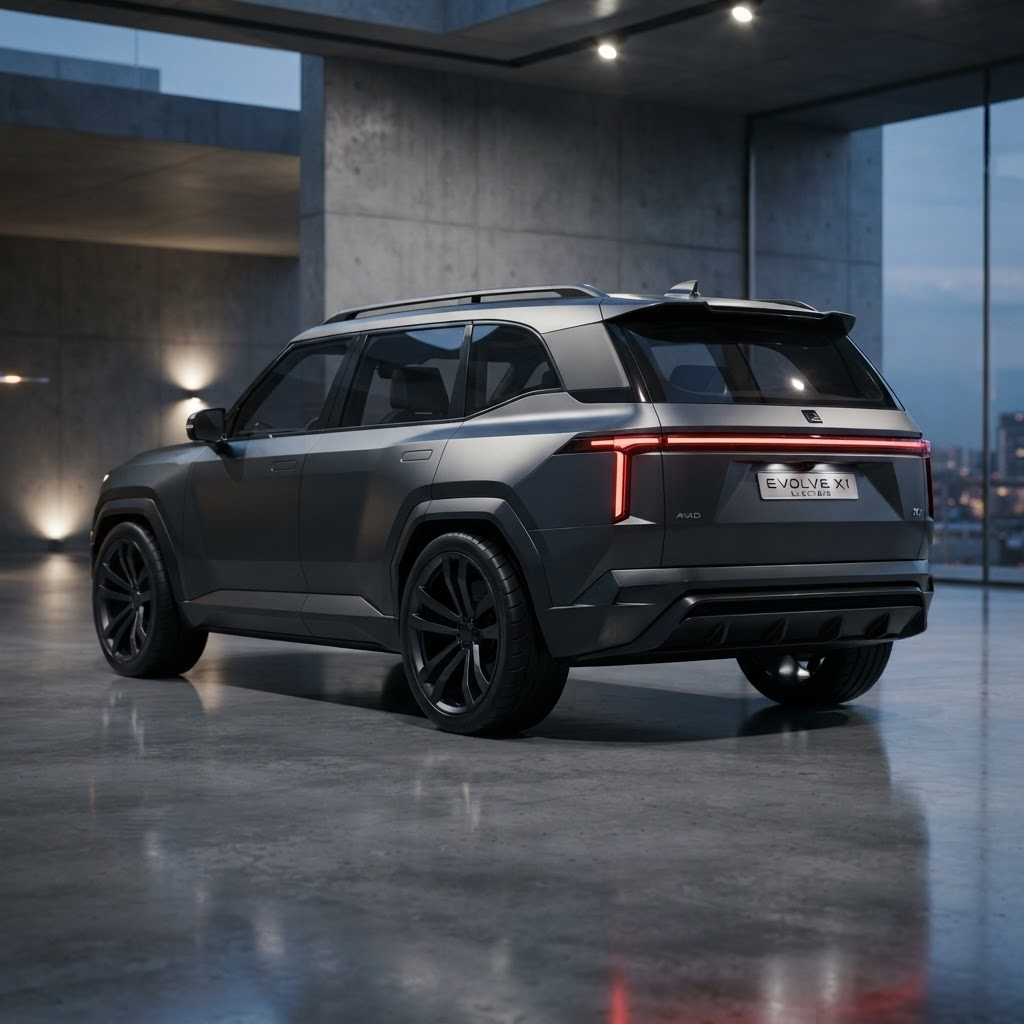 Rear three-quarter concept render showing the squared tailgate, full-width LED light bar, shark-fin antenna, rear camera, and roof bars