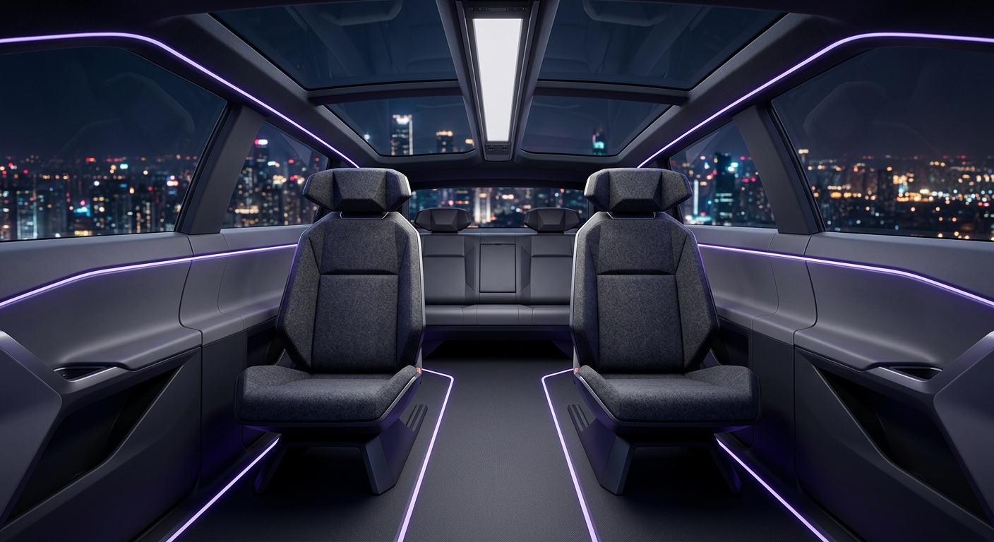 Concept interior looking down a lit centre aisle between two faceted captain's chairs to a full-size third row under a glass roof