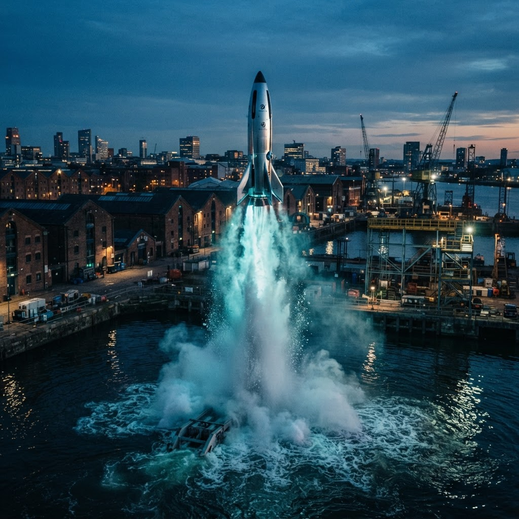 A single-stick rocket rising silently on a column of white vapor from a sea cradle at the Brooklyn Navy Yard, city skyline behind
