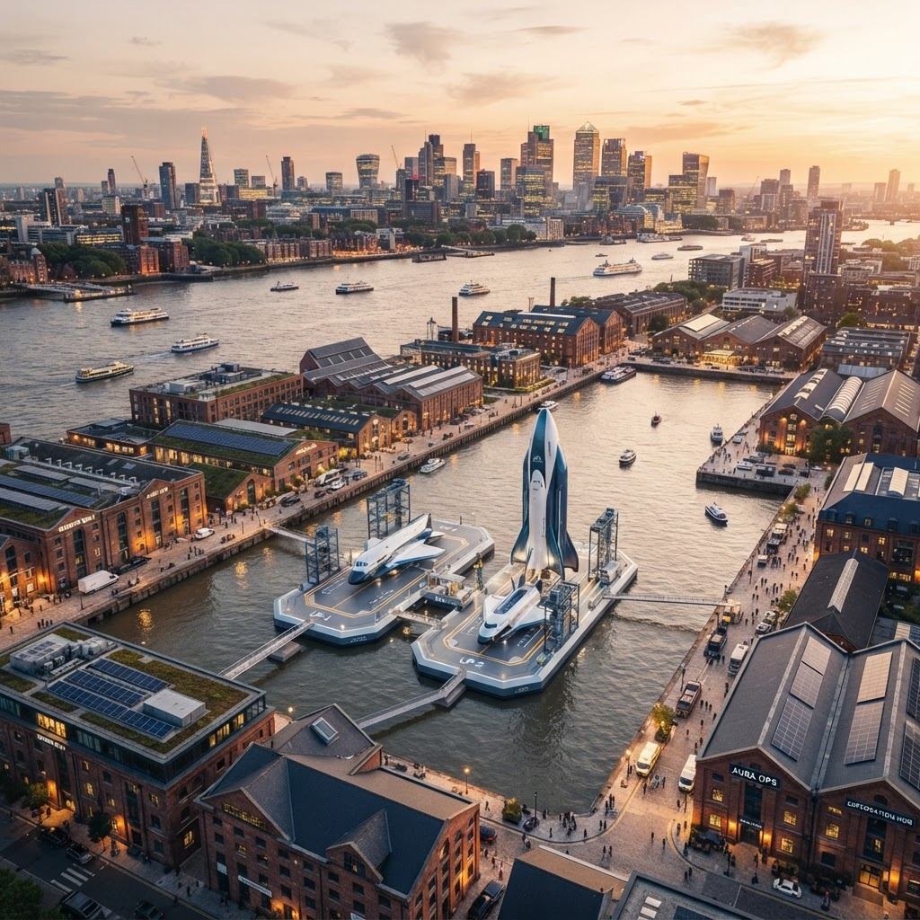An urban spaceport concept at the Brooklyn Navy Yard: a floating launch cradle on the East River with the Manhattan skyline behind