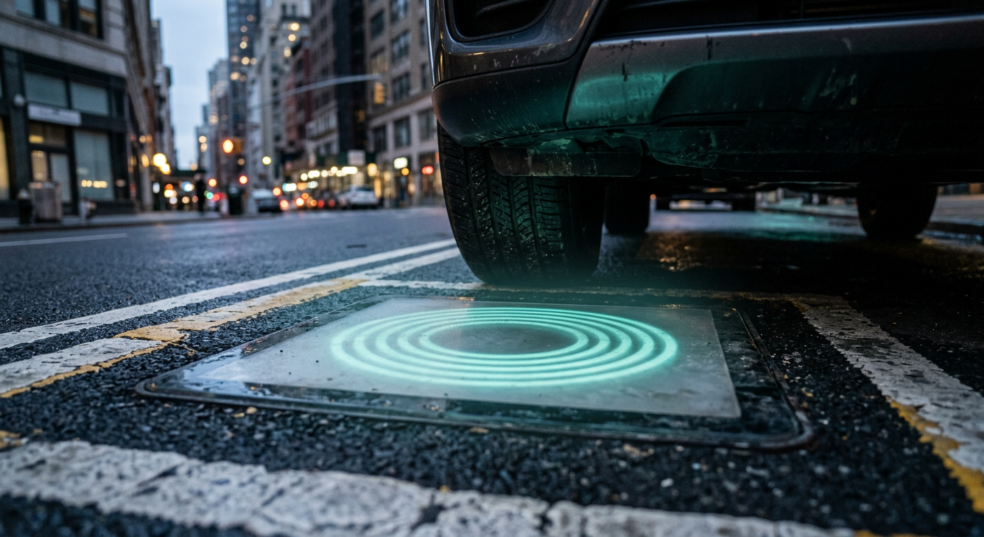Close-up of a glowing teal inductive charging plate set flush into a street parking bay, with a parked vehicle's tire just above it and high-rise towers behind