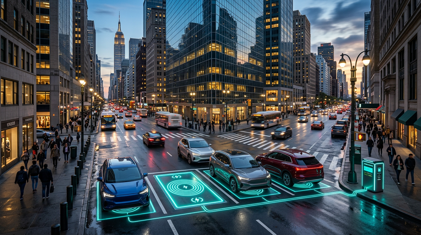 SUVs parked in a Manhattan curb lane among high-rise towers, each over a glowing inductive charging plate linked to a curbside cabinet