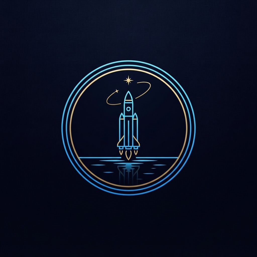 SpaceNoneSuch emblem — a rocket rising from the water inside a medallion