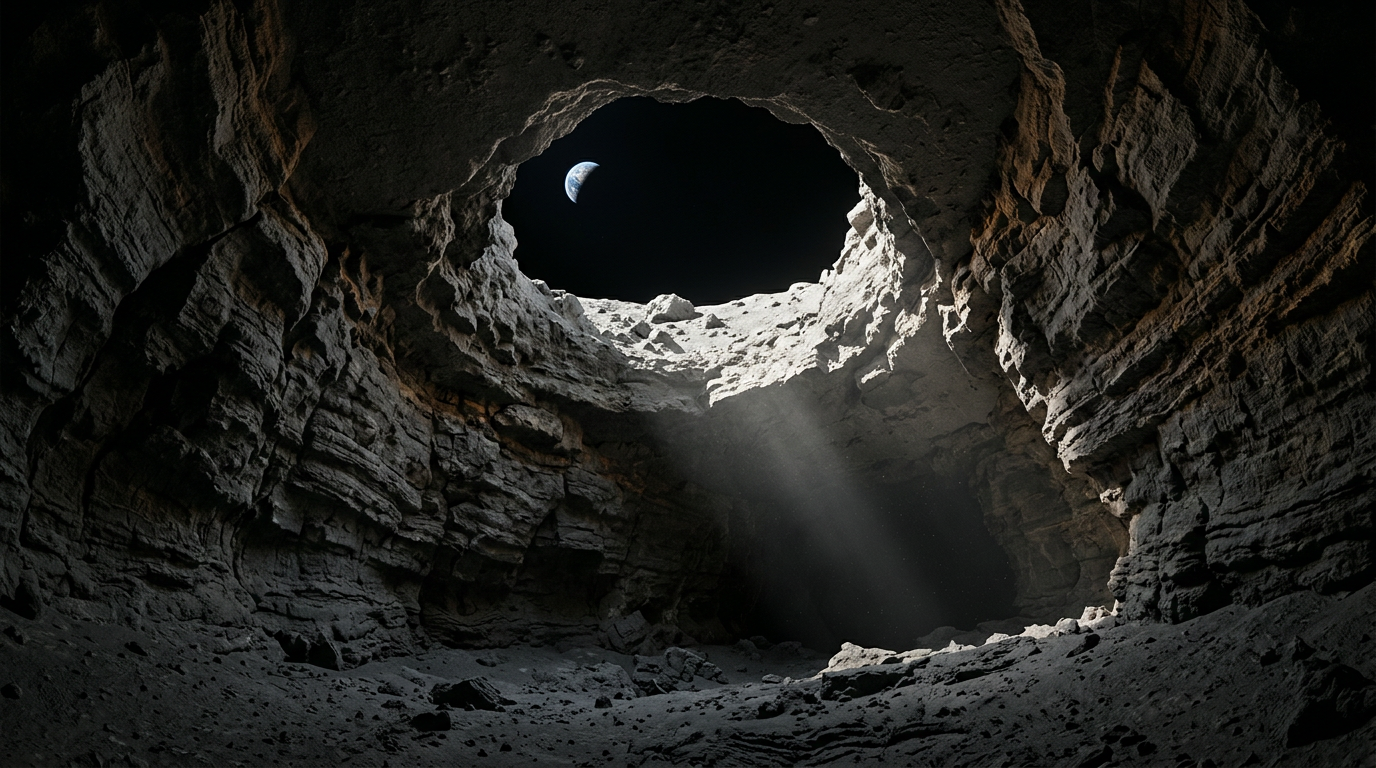 Looking up from inside a lunar lava tube toward a sunlit skylight opening, with Earth at its edge